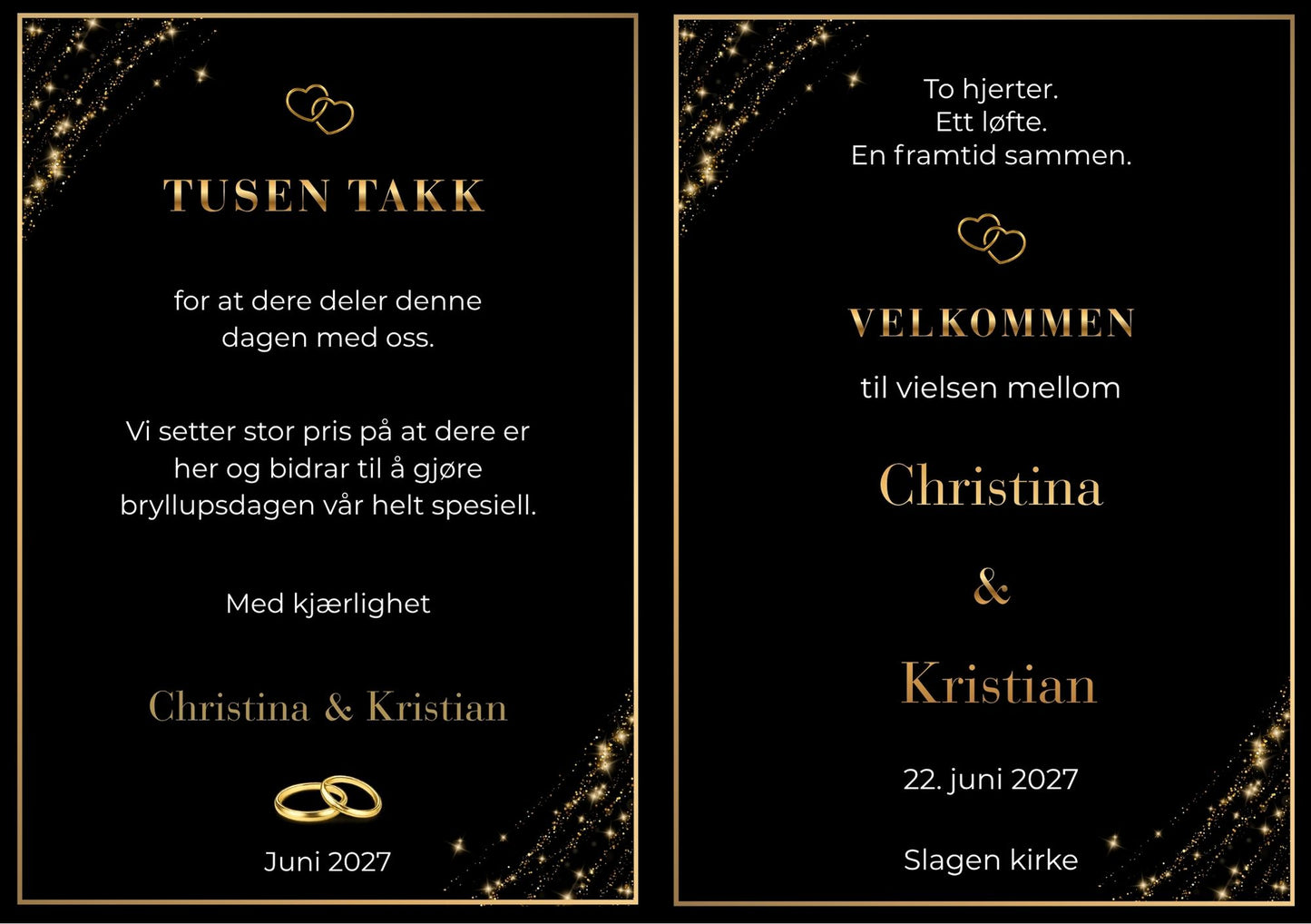 Bryllupsprogram Black Gold – forside med navn i gullskrift, sammenflettet gullhjerte og dramatisk stjernestøv i gull mot helsvart bakgrunn