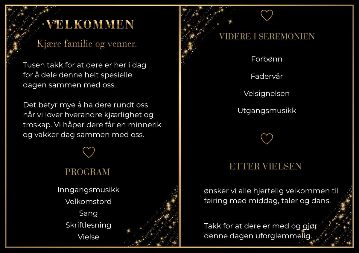 Bryllupsprogram Black Gold – innside med velkomsttekst og seremoniprogram i gullskrift mot helsvart bakgrunn med gullglitter i hjørnene