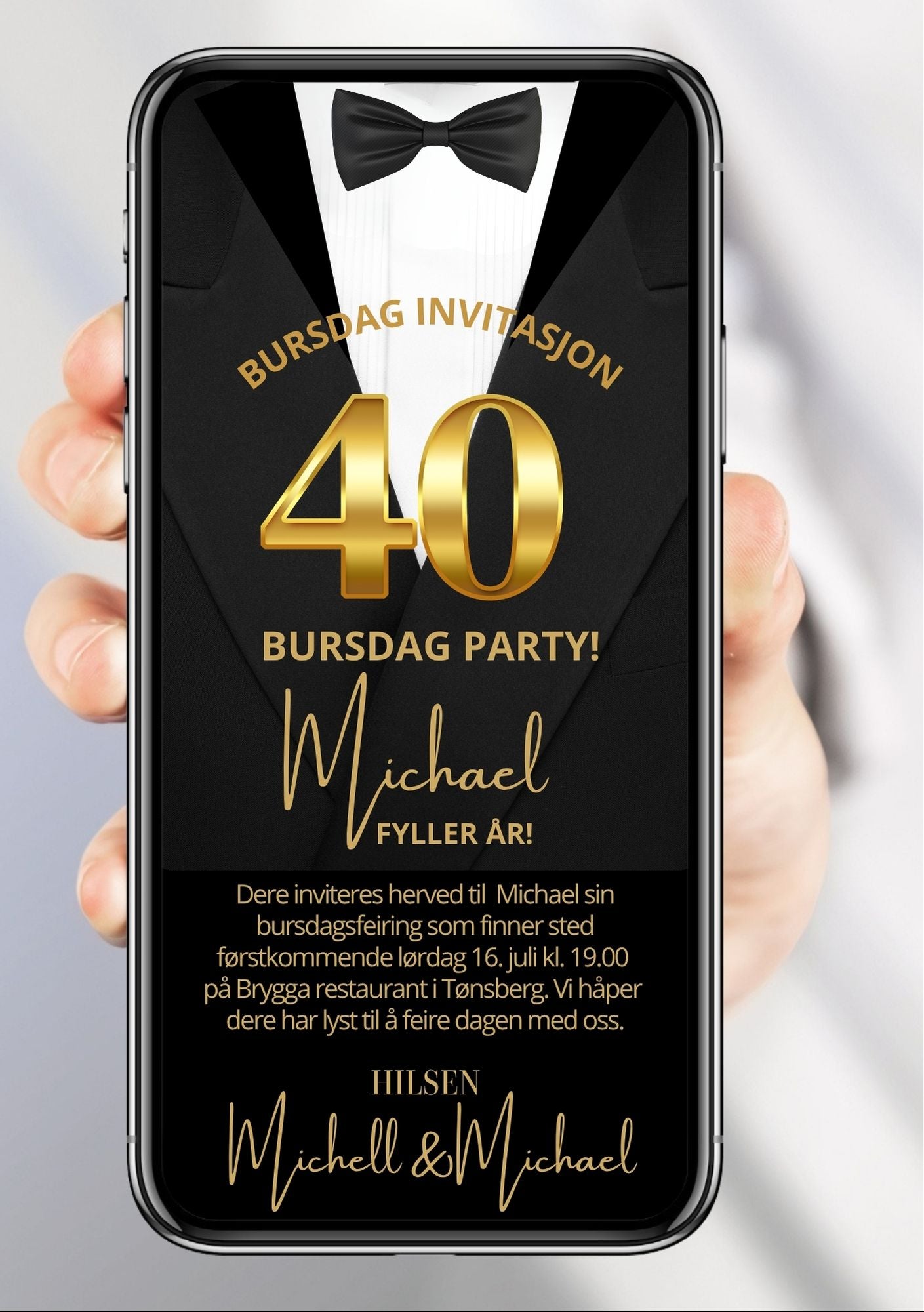 Digital bursdagsinvitasjon med smoking, butterfly og gull 40-tall, vist på mobilskjerm