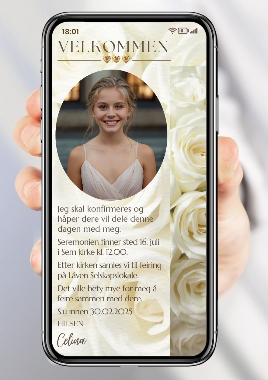 Konfirmasjon invitasjon hvite roser – luksuriøs design til mobil