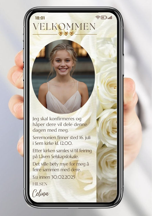 Konfirmasjon invitasjon hvite roser – luksuriøs design til mobil