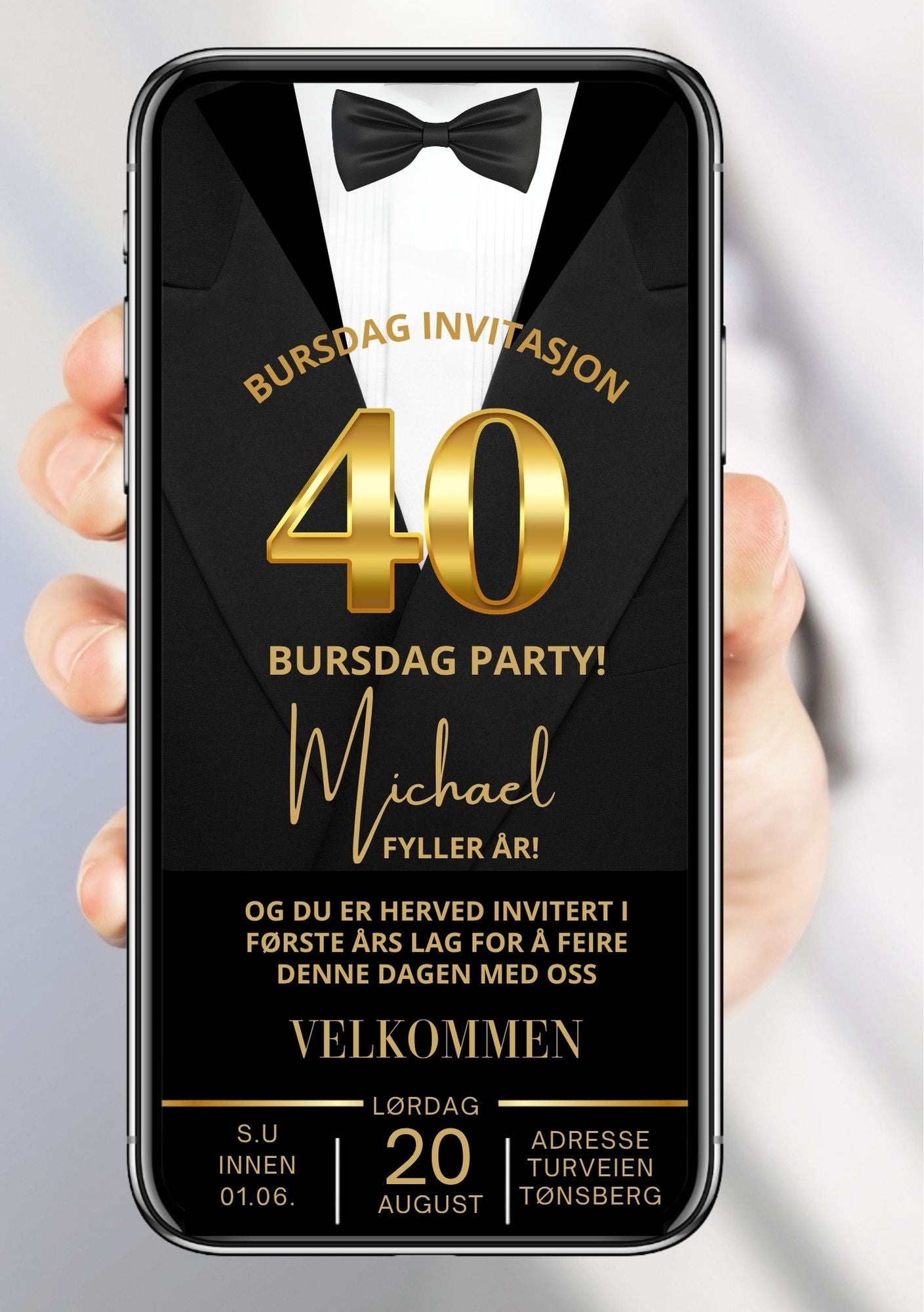 Digital bursdagsinvitasjon med smoking, butterfly og gull 40-tall med velkomstside, vist på mobilskjerm