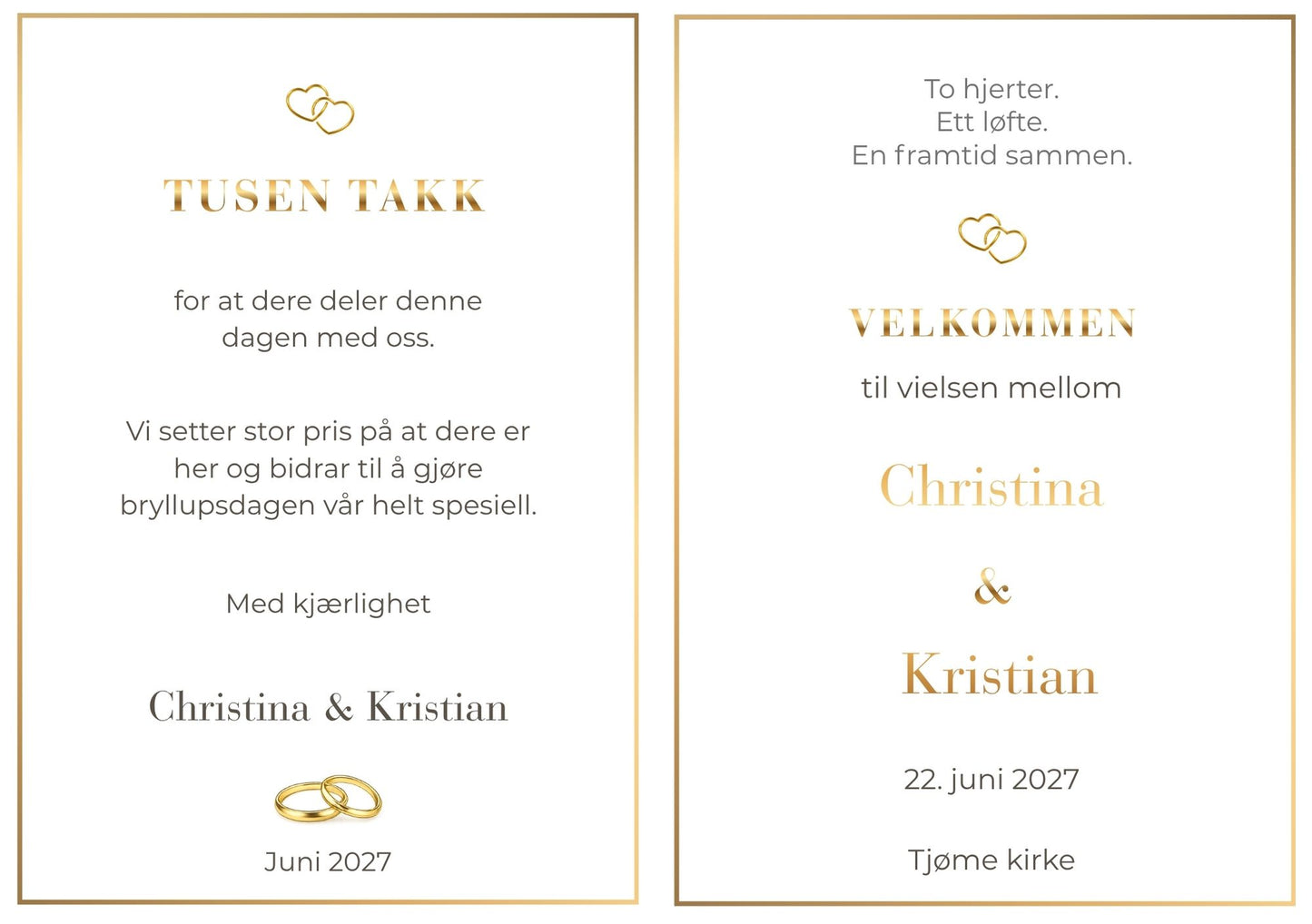 Bryllupsprogram Pure Gold – forside med navn i gullskrift, gullringer og minimalistisk helhvit bakgrunn med gullramme