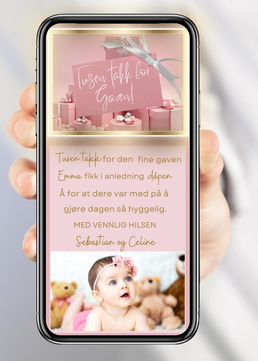 Takkekort til dåp rosa og gull