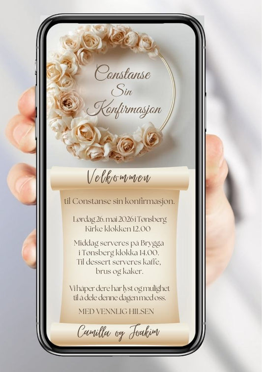 Konfirmasjonsinvitasjon beige blomsterkrans personlig design med ferdig tekstforslag - KISS DEKOR