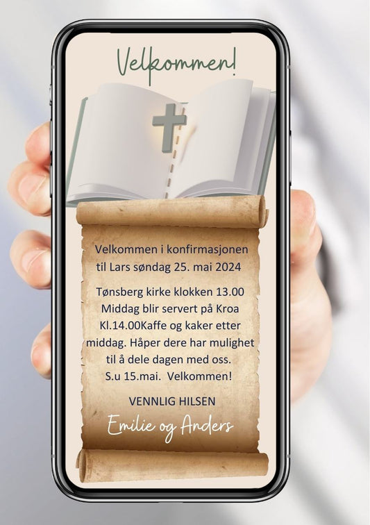 Digital konfirmasjonsinvitasjon med åpen bibel, kors og pergamentrull på beige bakgrunn