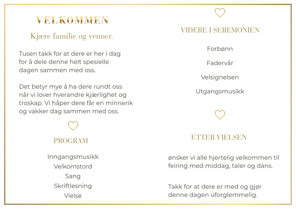 Bryllupsprogram Pure Gold – innside med velkomsttekst og seremoniprogram i gullskrift på ren helhvit bakgrunn med gullramme
