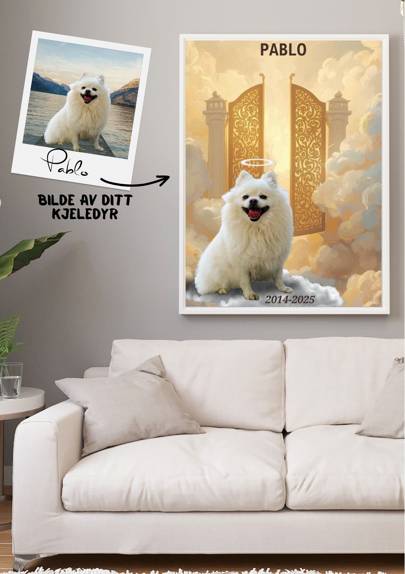 Minneportrett av kjæledyr - Til minne om Pablo med personlig skilt fra KISS DEKOR