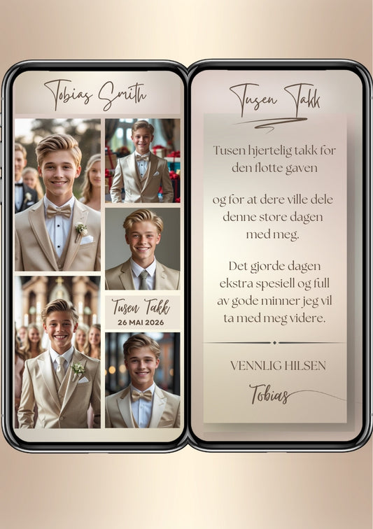 Takkekort konfirmasjon 2 sider beige med bilder - personlig design med ferdig tekstforslag - KISS DEKO