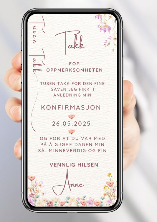 Takkekort konfirmasjon hvit akvarell elegant - personlig design med ferdig tekstforslag