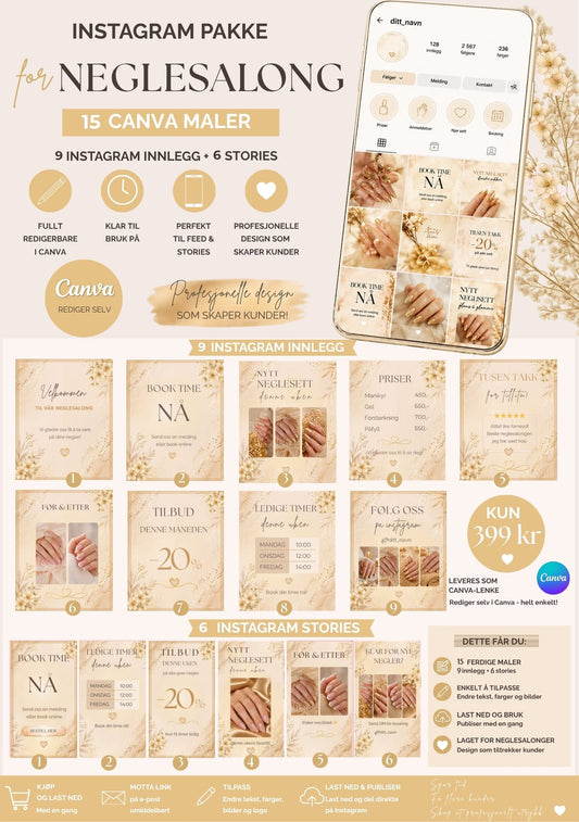 Instagram pakke for neglesalong i beige og gull – oversiktsbilde med 15 Canva maler: 9 Instagram innlegg og 6 Stories, viser mobilskjerm med ferdig Instagram-profil, ikoner for fullt redigerbare maler, klar til bruk, perfekt til feed og stories og profesjonelle design, kun 399 kr, leveres som Canva-lenke