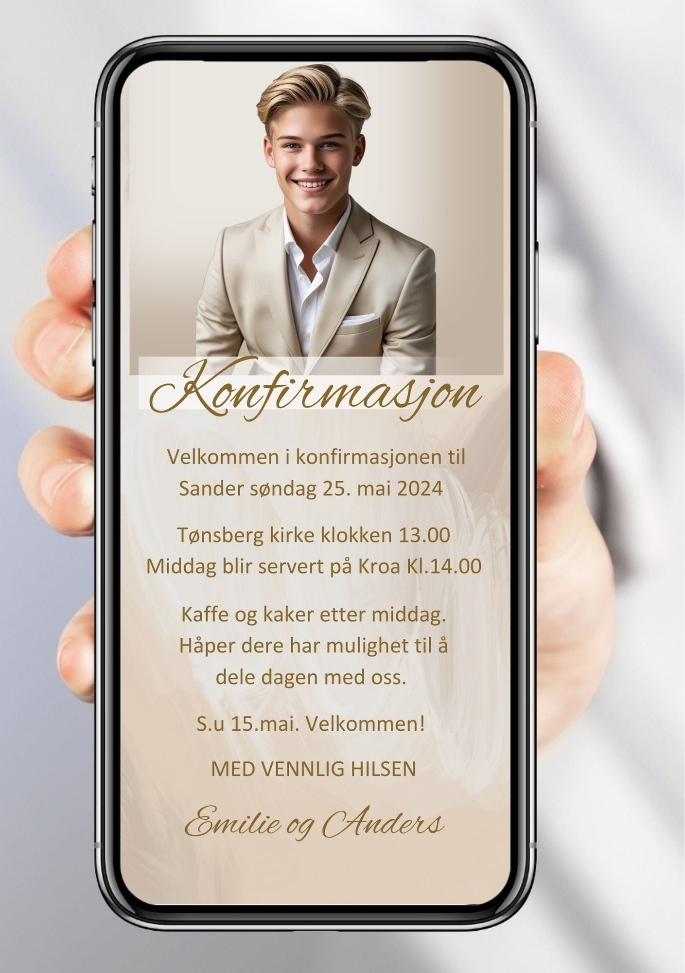 Konfirmasjonsinvitasjon beige moderne med bilde personlig design med ferdig tekstforslag - KISS DEKOR
