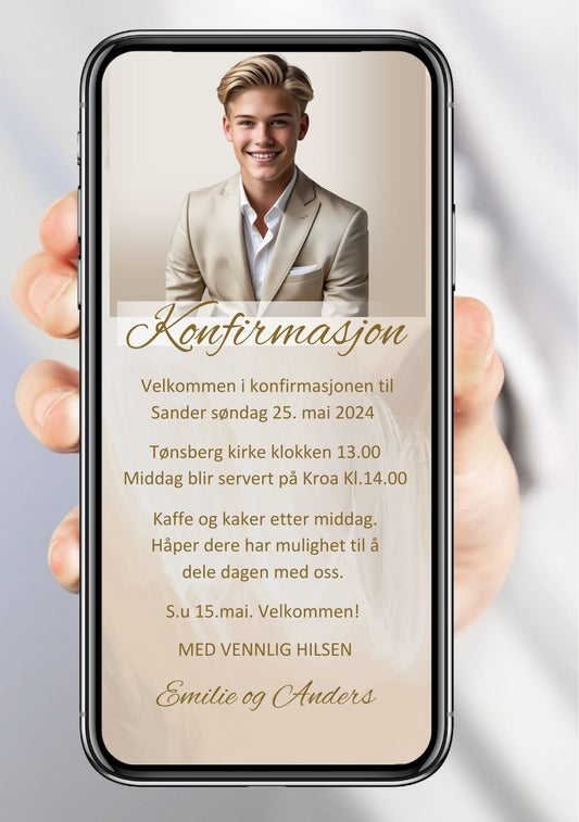Konfirmasjonsinvitasjon beige moderne med bilde personlig design med ferdig tekstforslag - KISS DEKOR