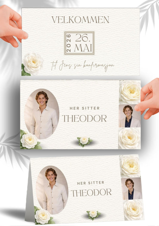 Digitalt bordkort til konfirmasjon fra KISS DEKOR – hvit rose-design med dato og teksten "til Theodor sin konfirmasjon", vist flatt