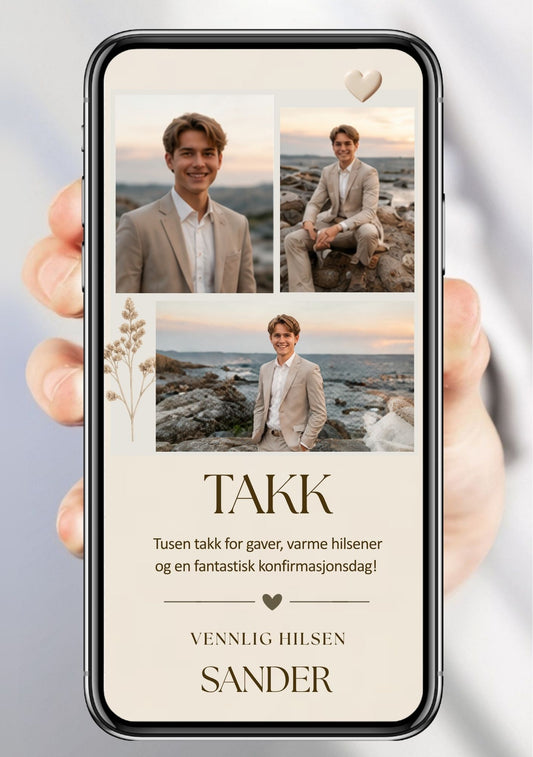 Digitalt takkekort til konfirmasjon i beige med tre personlige bilder, botanisk detalj og takketekst, vist på mobilskjerm