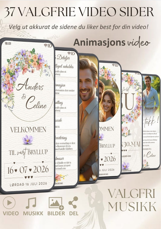 Bryllupsvideo invitasjon 5 sider moderne med musikk - personlig design med ferdig tekstforslag - KISS DEKOR