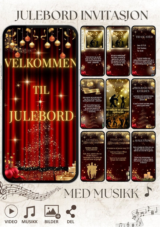 Videoinvitasjon i gull og rødt design forside -julebordsinvitasjon 10 sider 