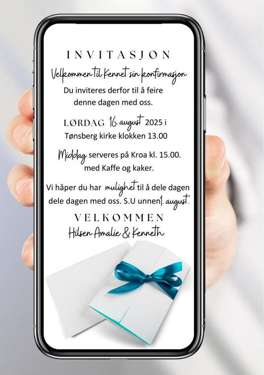 Konfirmasjonsinvitasjon hvit elegant sløyfe personlig design med ferdig tekstforslag - KISS DEKOR