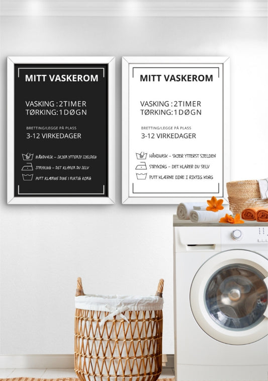 Vaskeromsskilt med personlig tekst sort og hvit hengende på vegg - Mitt vaskerom fra KISS DEKOR