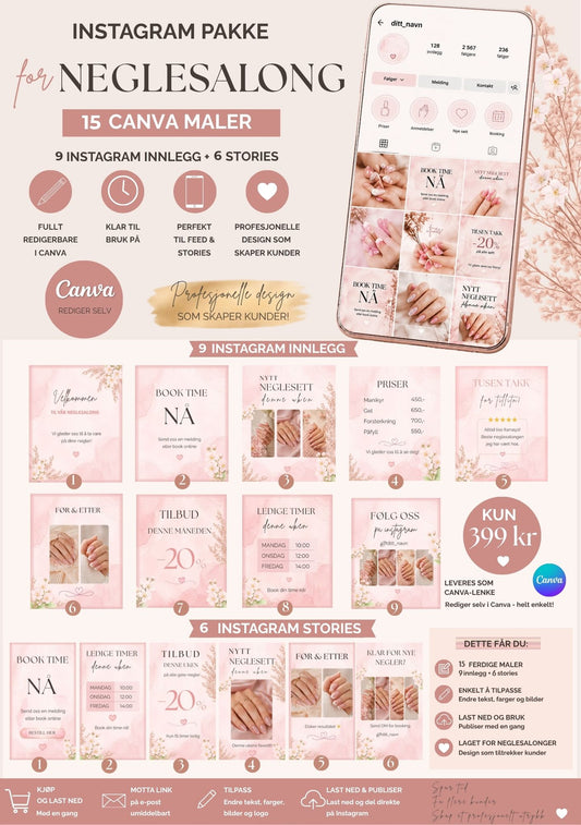 Instagram pakke for neglesalong med 15 Canva-maler – 9 Instagram innlegg og 6 Stories i rosa og hvit fargepalett med blomsterdekor, viser eksempler på maler for booking, prisliste, tilbud, ledige timer og før og etter bilder, kun 399 kr