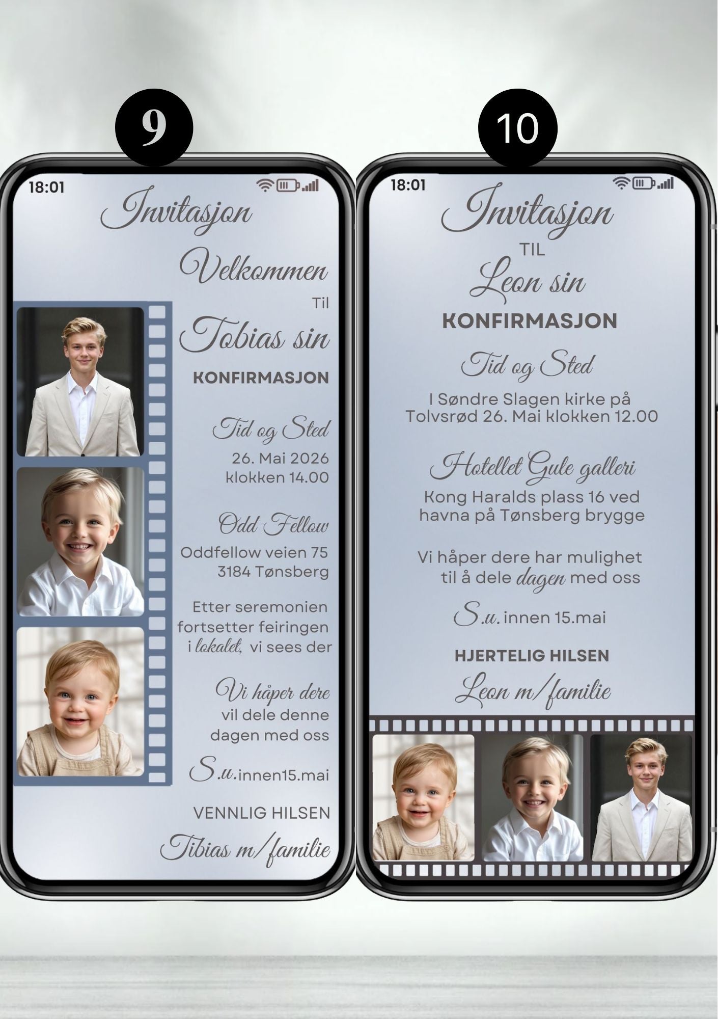Mobil konfirmasjonsinvitasjon gutt med filmstripe, tre bilder og håndskrevet navn på lyseblå bakgrunn, vennrett og odrette bilder