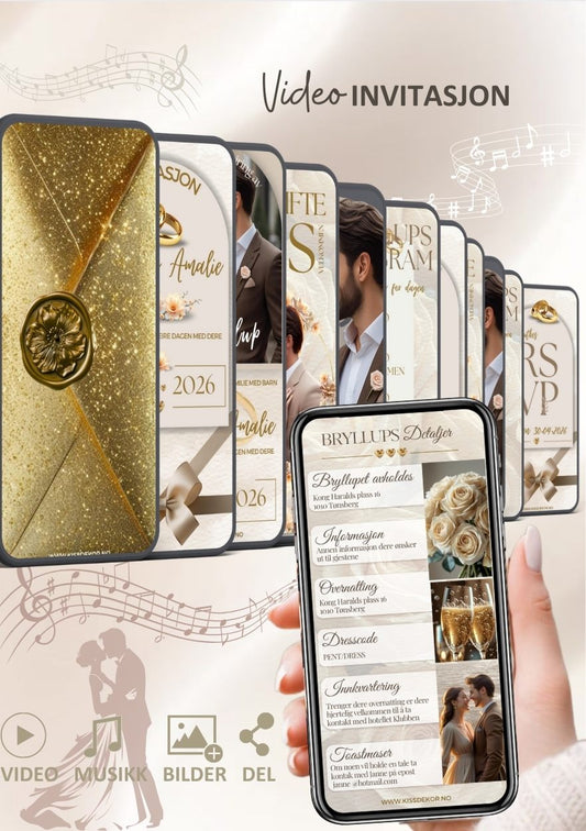 Bryllupsvideo invitasjon elegant med musikk - personlig design med ferdig tekstforslag - KISS DEKOR