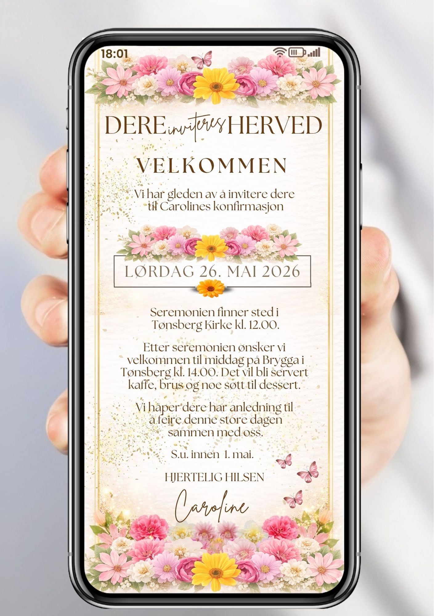 Mobil konfirmasjonsinvitasjon med rosa, gule og hvite vårblomster, sommerfugler og elegant kalligrafiskrift – vist på mobilskjerm