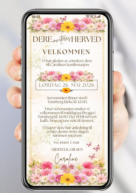 Mobil konfirmasjonsinvitasjon med rosa, gule og hvite vårblomster, sommerfugler og elegant kalligrafiskrift – vist på mobilskjerm
