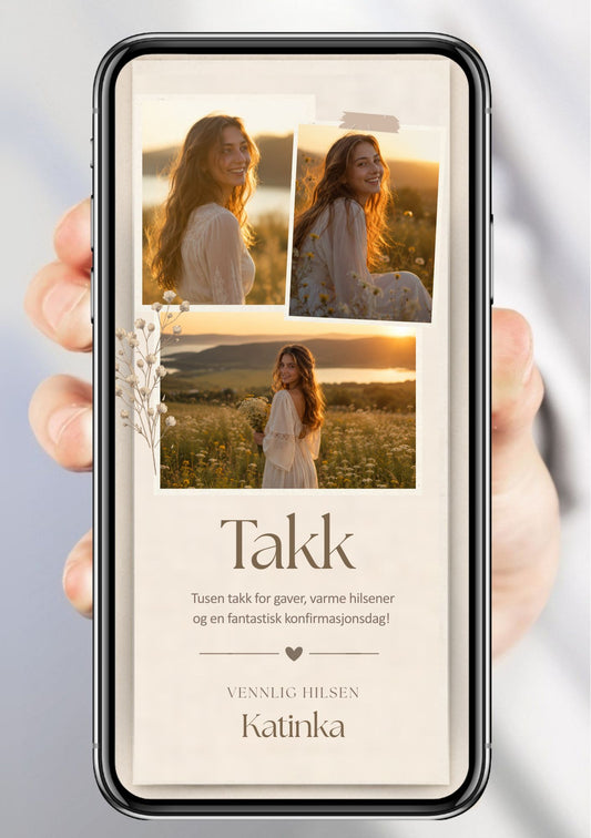 Digitalt takkekort til konfirmasjon i beige med fotocollage og personlig tekst, vist på mobilskjerm