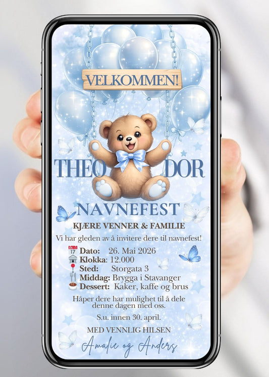 Mobil navnefestinvitasjon med bamse på huske, lyseblå ballonger, sommerfugler og «Velkommen»-banner – vist på mobilskjerm