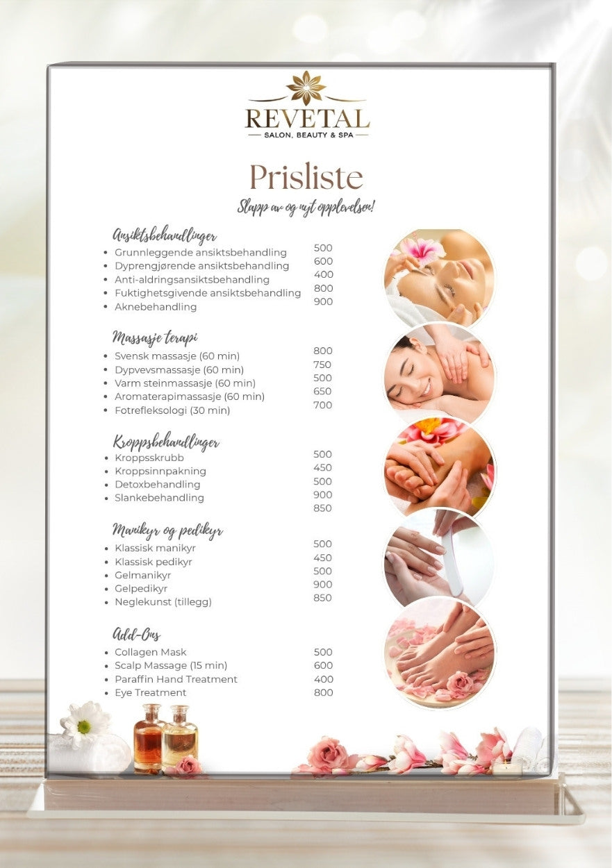 Prisliste massasje collage – elegant meny for massasjeterapeut