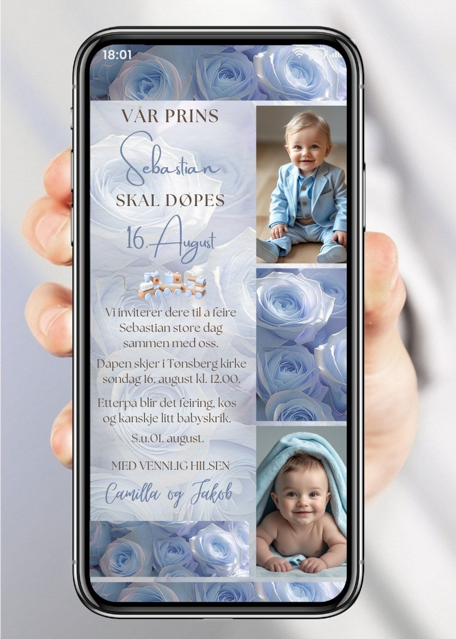 Dåpsinvitasjon blå med bilde collage - personlig design med ferdig tekstforslag - KISS DEKOR