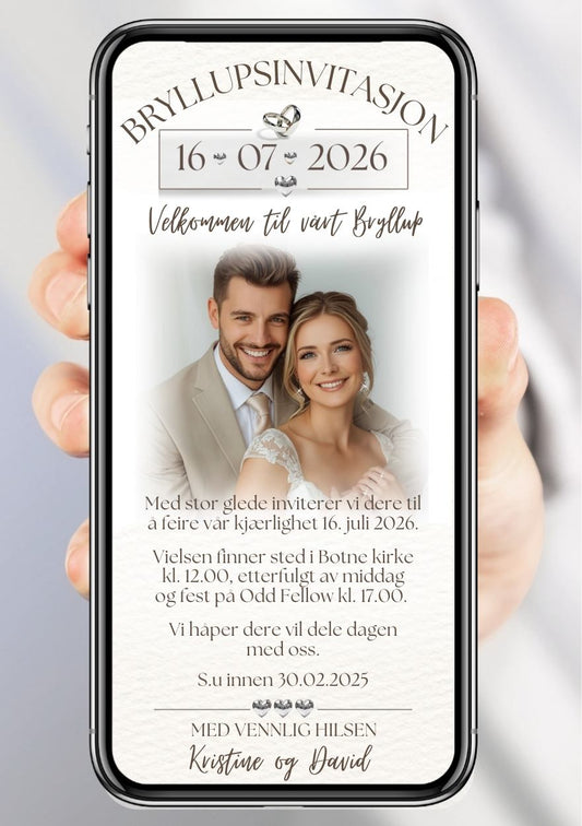 Bryllupsinvitasjon hvit romantisk - personlig design med ferdig tekstforslag - KISS DEKOR