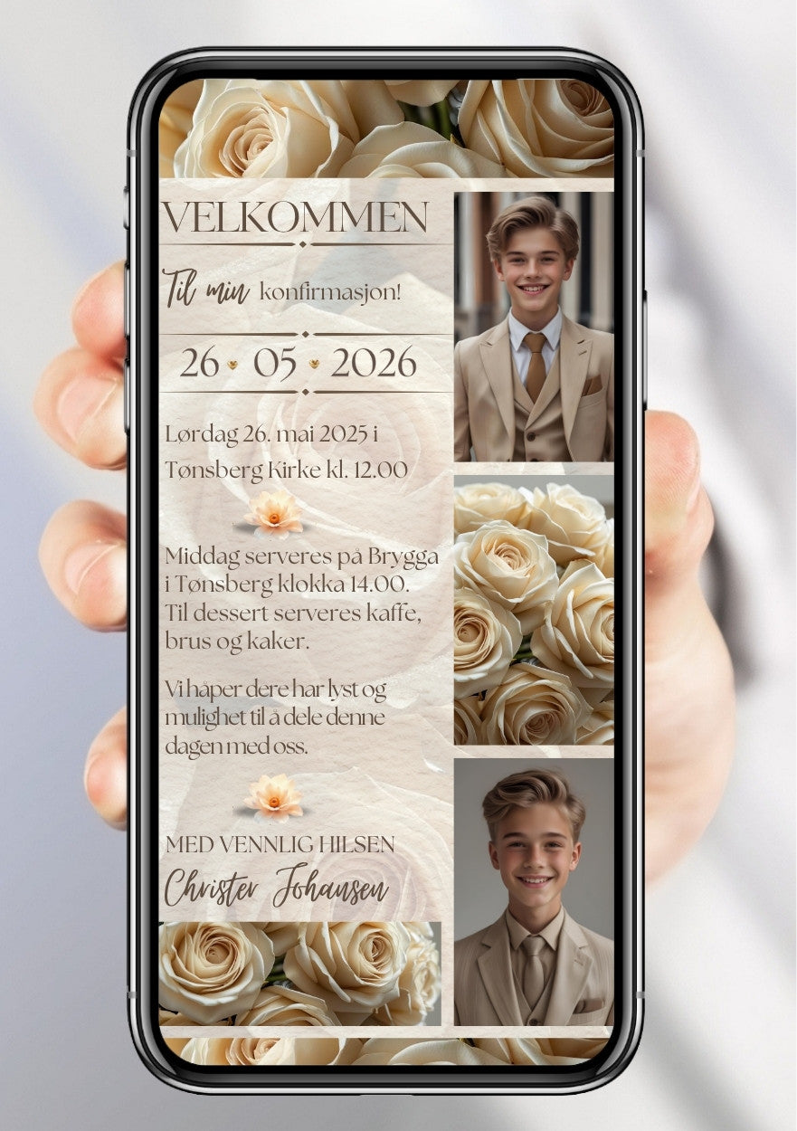 Konfirmasjonsinvitasjon beige collage med 3 bilder personlig design med ferdig tekstforslag - KISS DEKOR