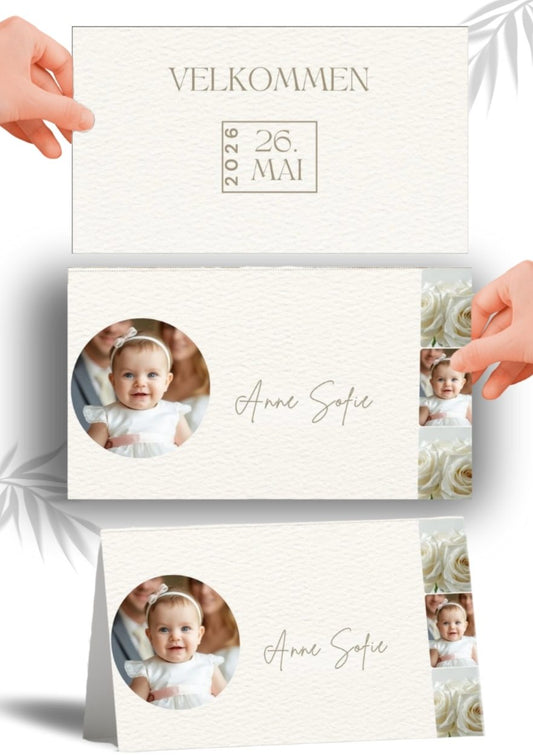 Elegant bordkort til dåp med personlig design – perfekt for dåpsfesten