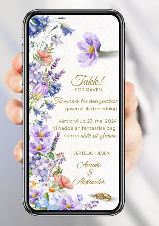 Takkekort bryllup hvit med blomster - personlig design med ferdig tekstforslag - KISS DEKOR