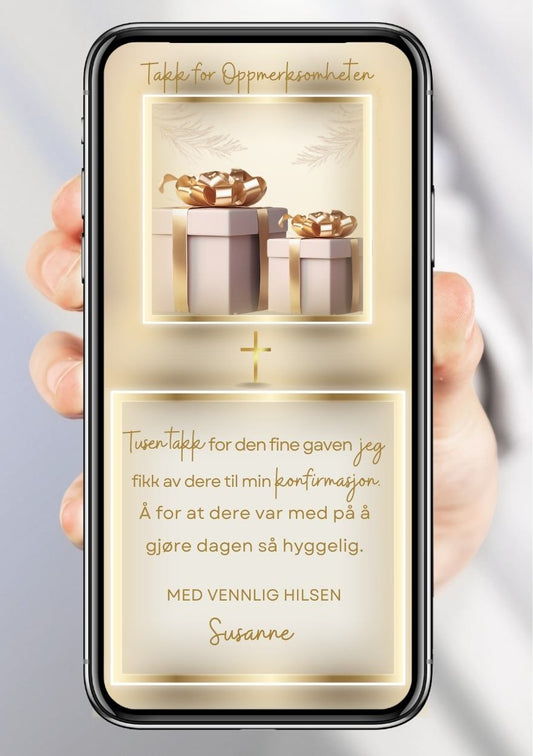 Takkekort konfirmasjon gull design elegant - personlig design med ferdig tekstforslag