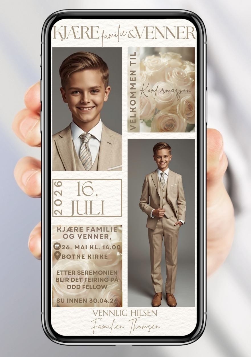 Konfirmasjonsinvitasjon beige moderne collage med 4 bilder personlig design med ferdig tekstforslag - KISS DEKOR