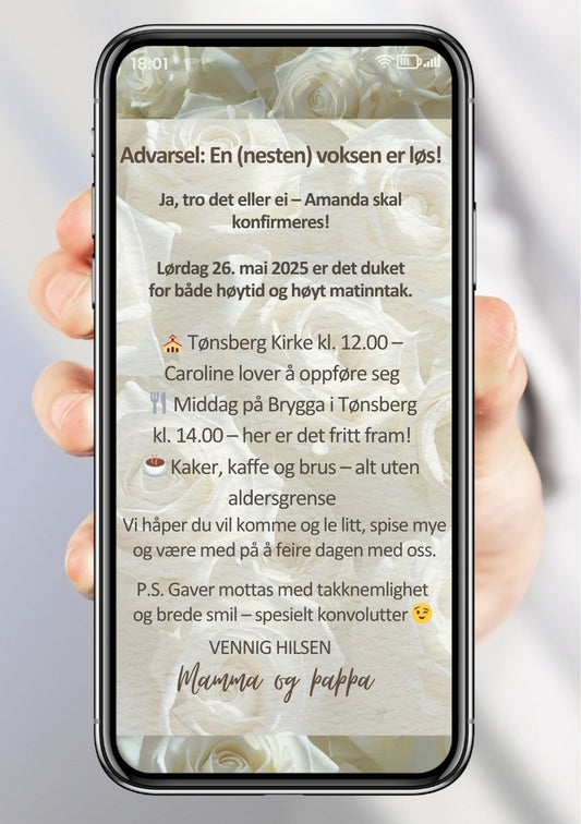 Konfirmasjonsinvitasjon hvit morsom tekst  og duse blomster design med ferdig tekstforslag - KISS DEKOR