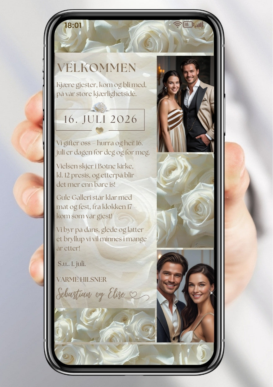 Bryllupsinvitasjon med 3 bilde romantisk - personlig design med ferdig tekstforslag - KISS DEKOR