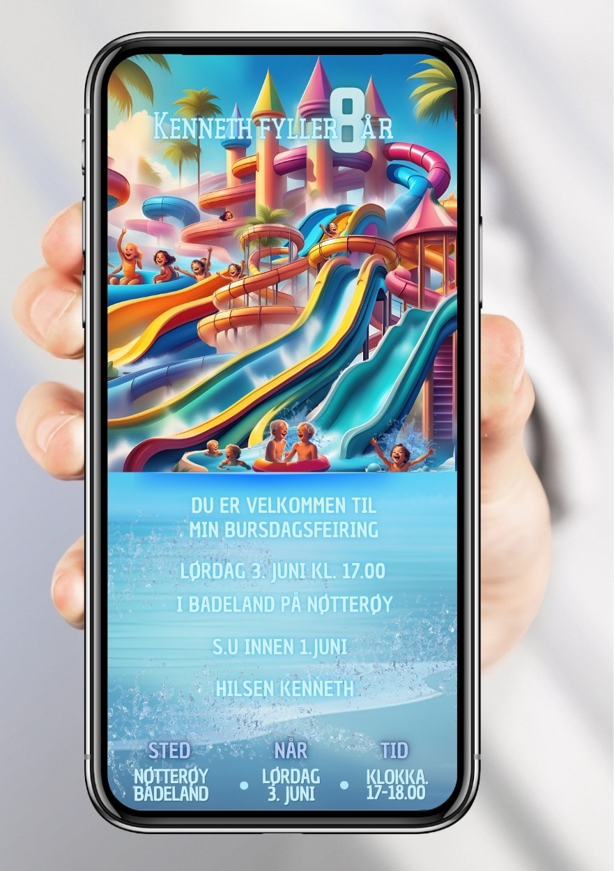Badeland bursdagsinvitasjon – festlig vannaktivitet for barn