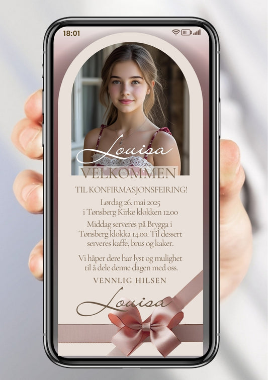 Invitasjon til konfirmasjon rosa med bilde – personlig design 