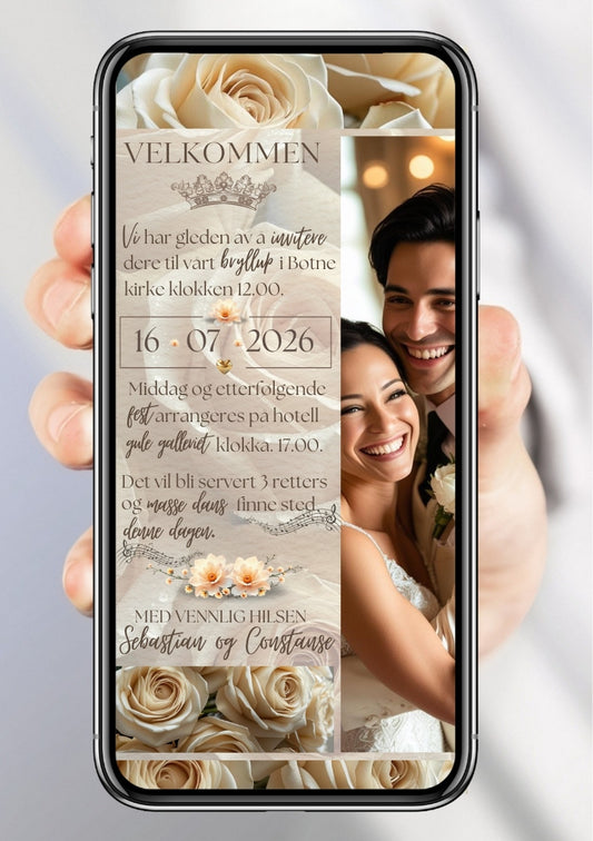 Bryllupsinvitasjon beige stort bilde elegant - personlig design med ferdig tekstforslag - KISS DEKOR