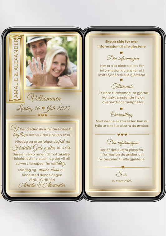 Bryllupsinvitasjon 2 sider elegant gull design