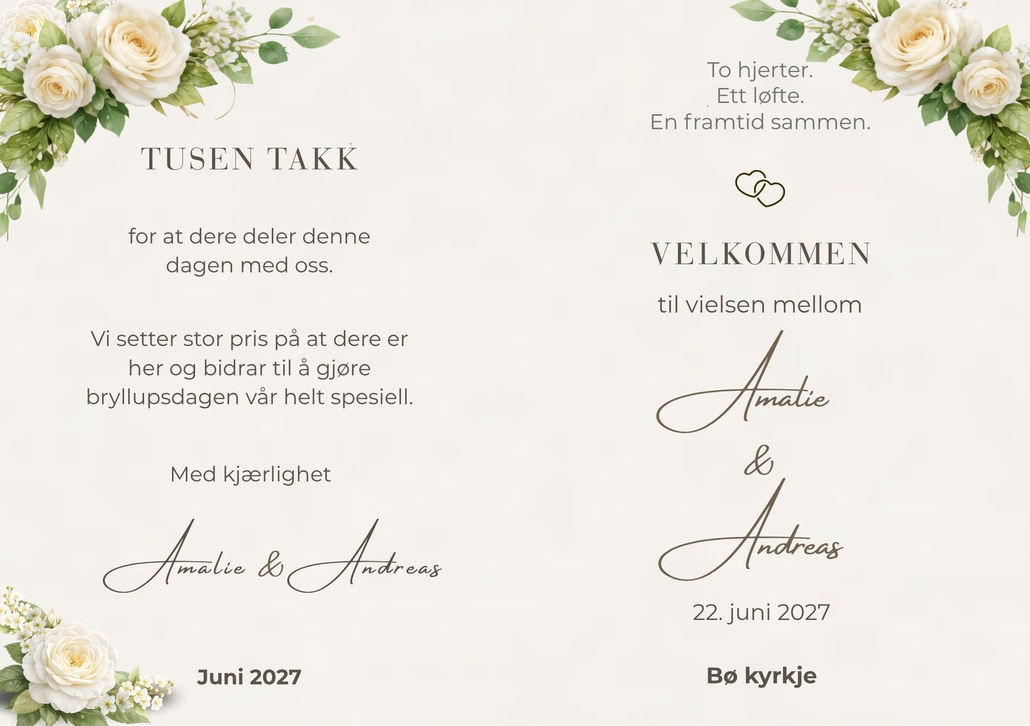 Bryllupsprogram White Garden – forside med kalligrafisignatur, sammenflettet hjerte og hvite roser med grønne blader på lys kremfarget bakgrunn