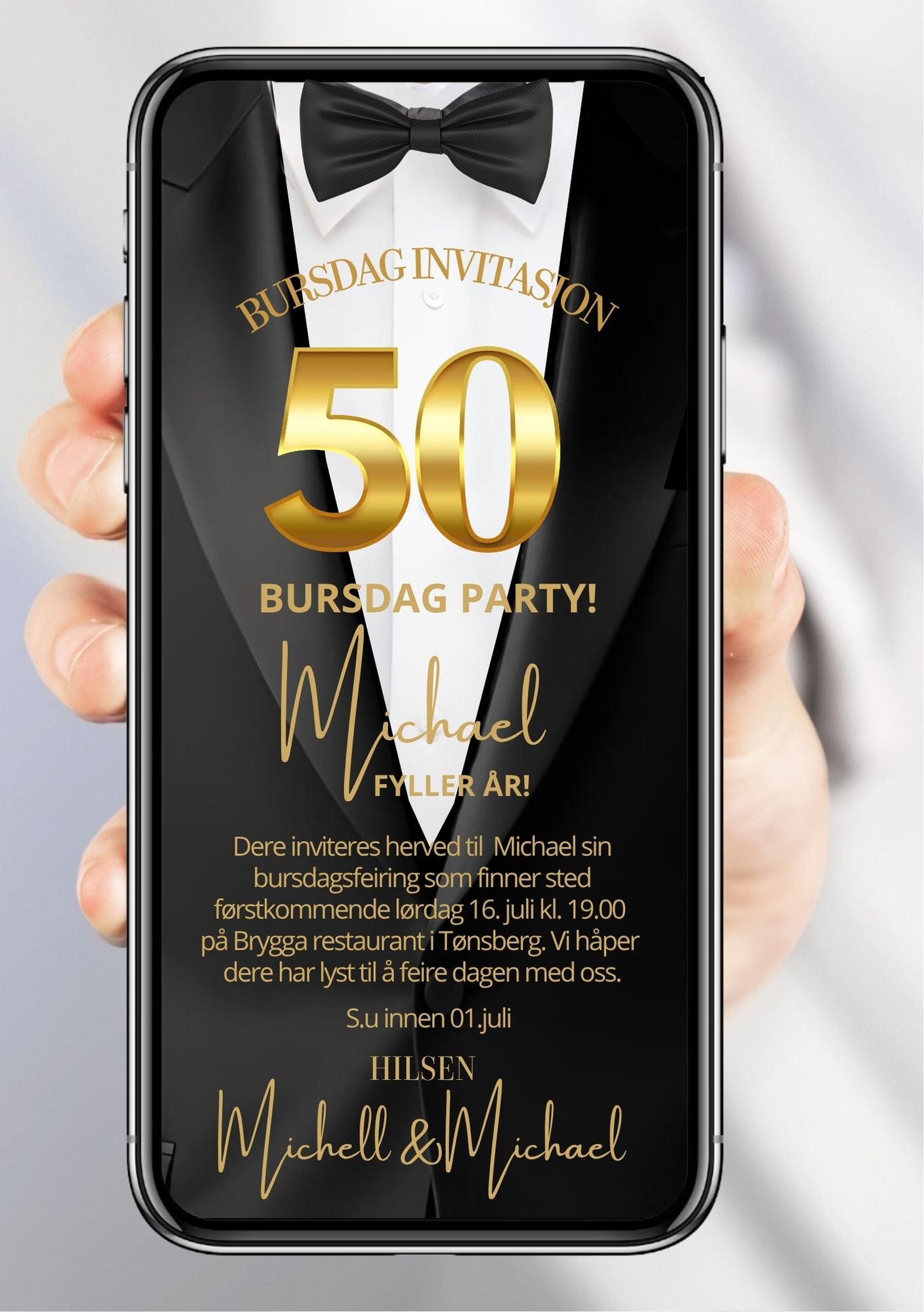 Digital bursdagsinvitasjon med smoking, butterfly og gull 50-tall, vist på mobilskjerm