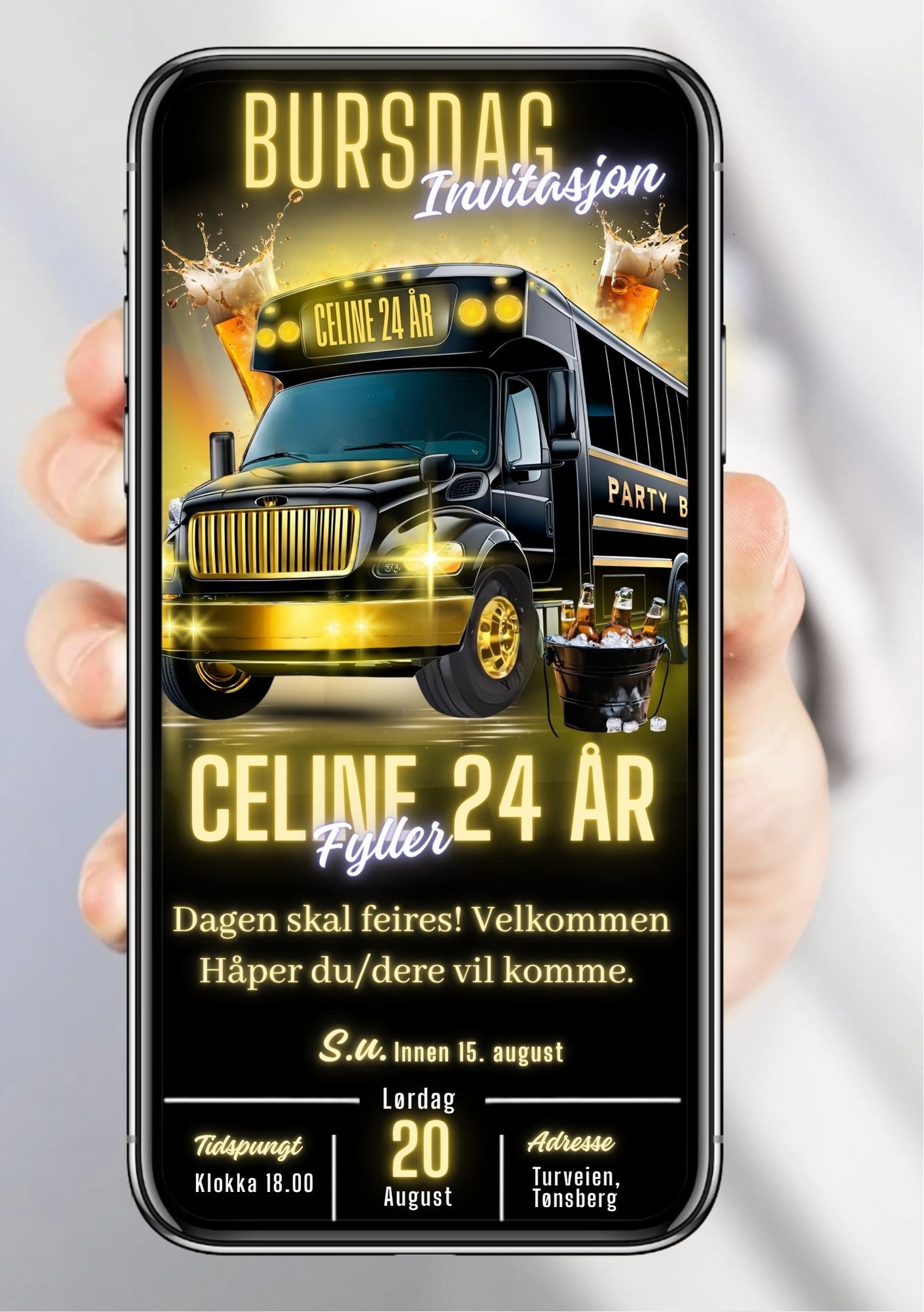 Digital bursdagsinvitasjon med sort og gull party bus og ølskum, vist på mobilskjerm