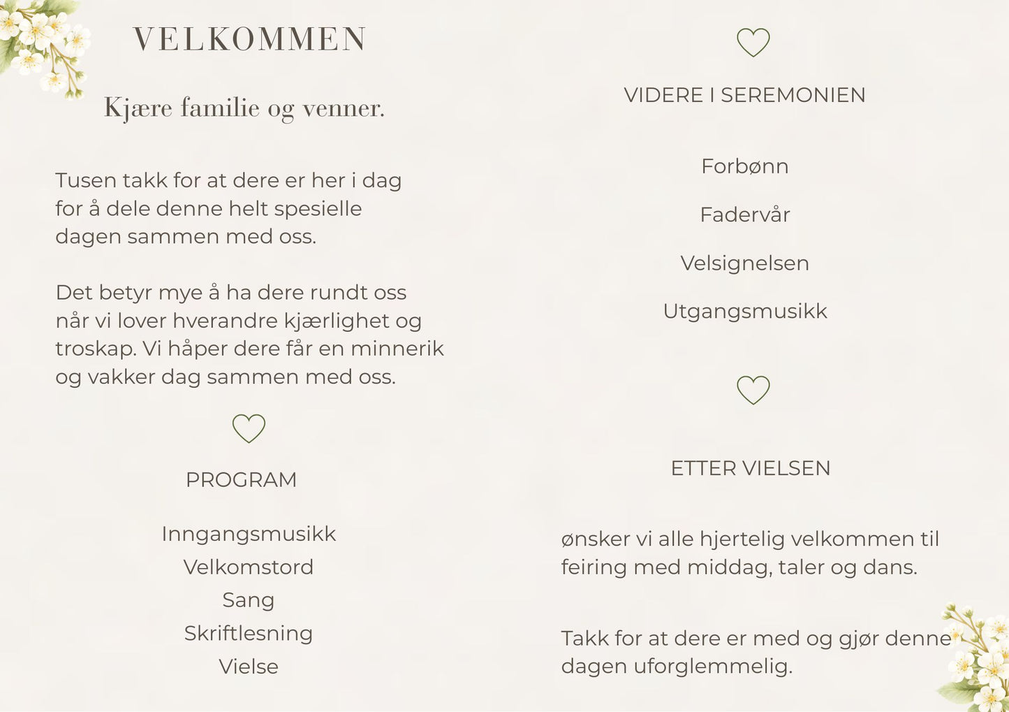 Bryllupsprogram White Garden – innside med velkomsttekst og seremoniprogram i sort skrift, dekorert med hvite blomster og grønne blader i hjørnene