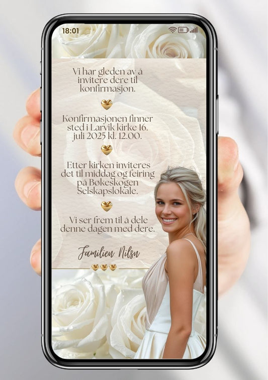 Konfirmasjonsinvitasjon hvit elegant med bilde - personlig design med ferdig tekstforslag - KISS DEKOR