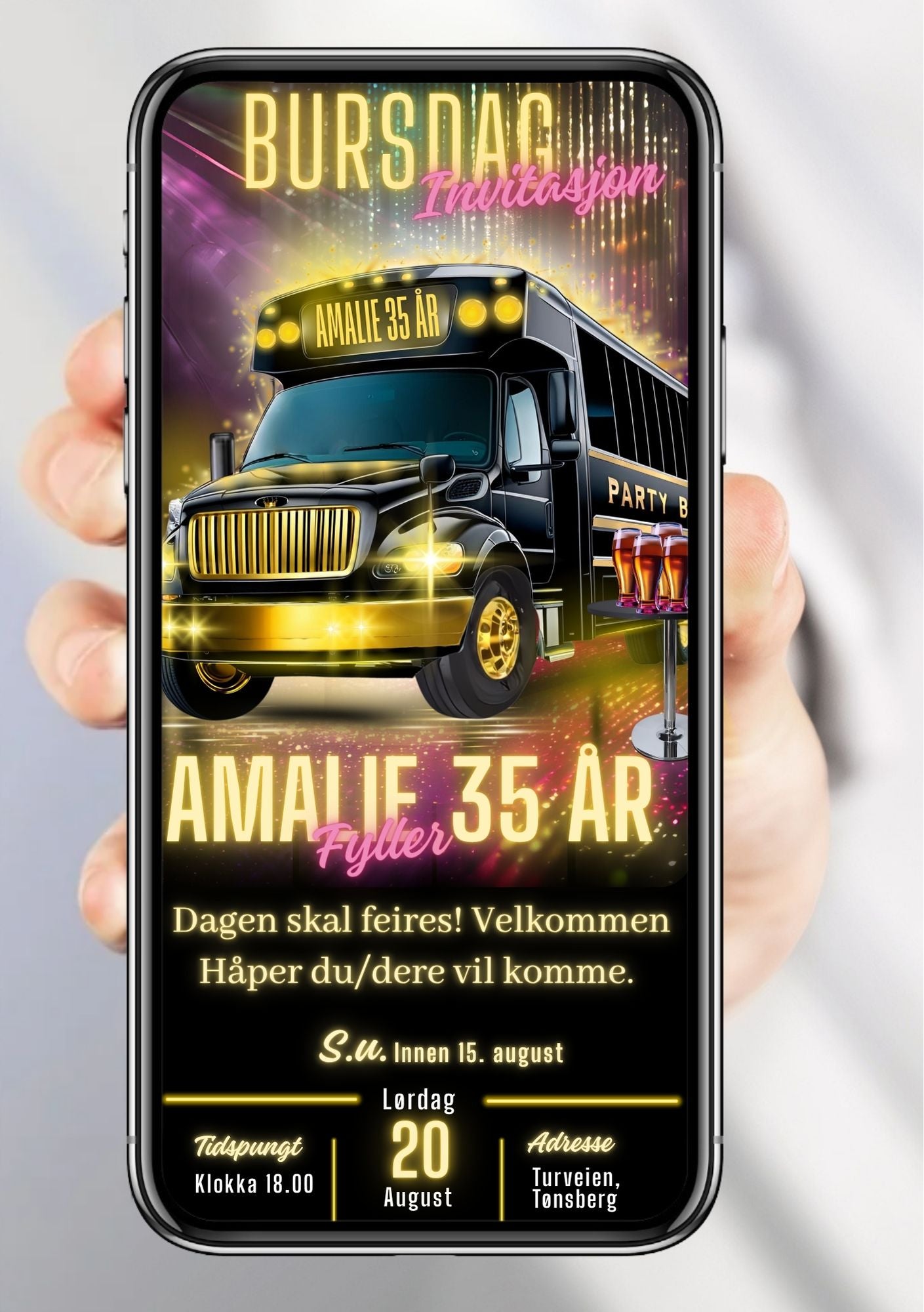 Digital bursdagsinvitasjon med sort party buss og gull festlys på gull bakgrunn, vist på mobilskjerm